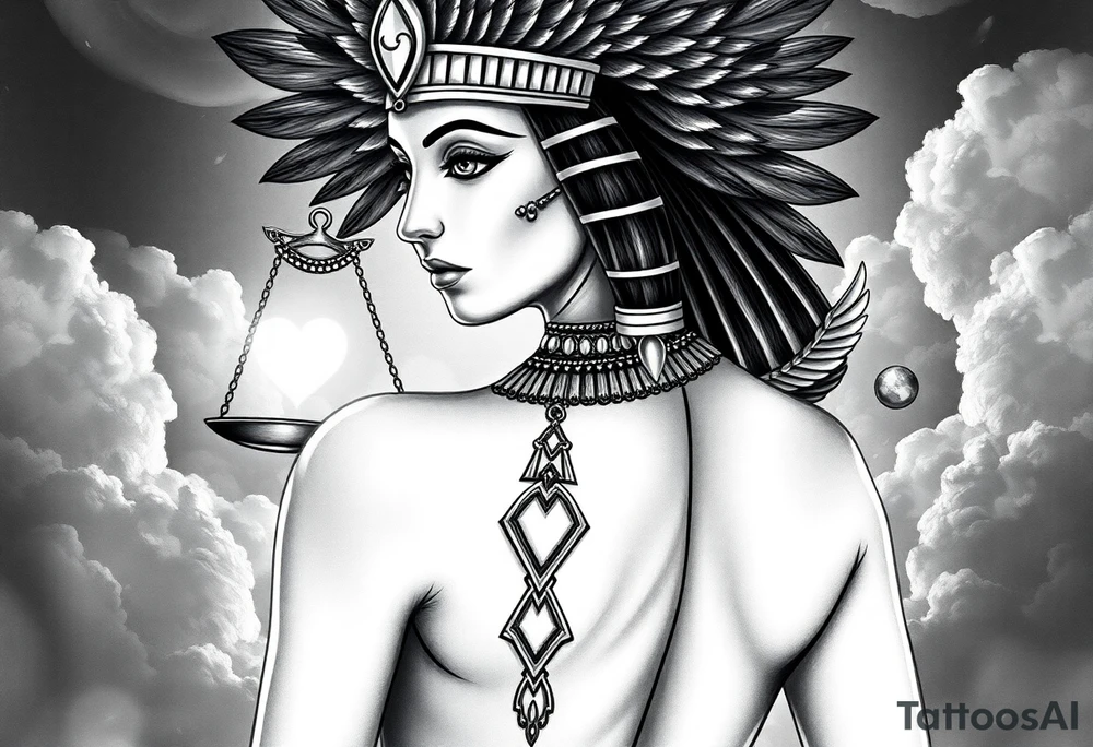Beautiful Egyptian goddess with a curvy sexy body. She is wearing an ostrich feather headdress, and intricate ancient Egyptian jewelry the Anhk necklace. Background includes something similar to heaven. Incorporate the Scales of Justice—one side holding a heart, the other Ma’at’s feather—glowing with ethereal energy. Emphasize dramatic lighting, deep shadows, and surreal, mystical atmosphere tattoo idea
