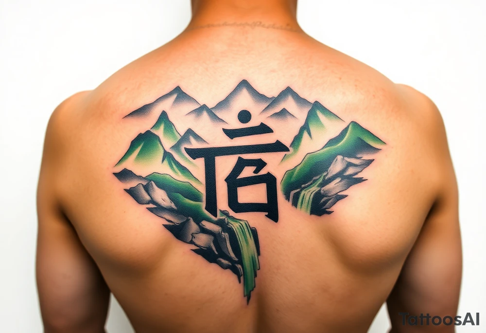 I need to import a photograph as the focal point of the tattoo. The Burmese word သား Inside of a photo the subject of the photo.  The photo surrounded by a colorful green mountainside with a waterfall tattoo idea