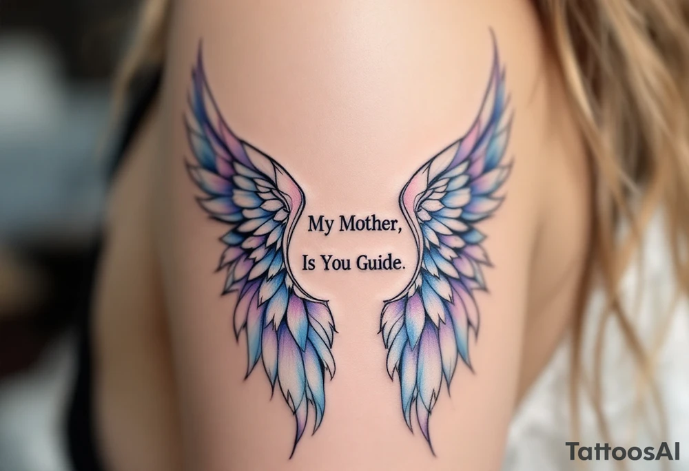A pair of angel wings in light blue and lavender with “My Mother, Is My Guide” between them. tattoo idea