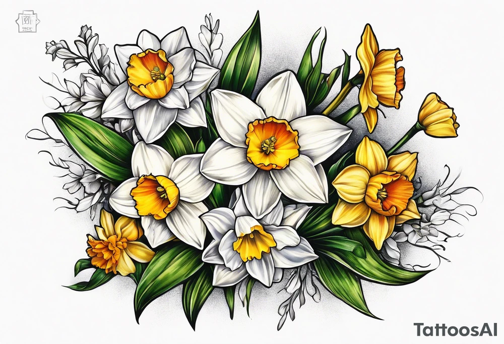 Narcissus,holly,marigold,daffodil, cosmos left arm sleeve tattoo idea