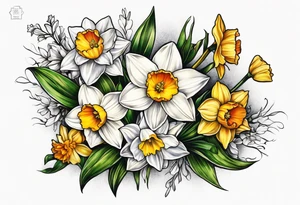 Narcissus,holly,marigold,daffodil, cosmos left arm sleeve tattoo idea