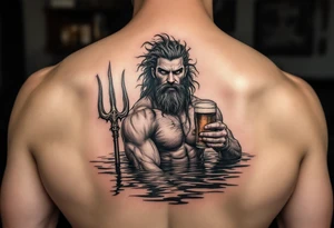 young, fit poseidon in calm water, holding a trident, drinking a beer, with feet tattoo idea