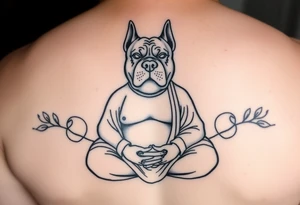 Meditating fat Buddha with happy pitbull head with floppy ears tattoo idea