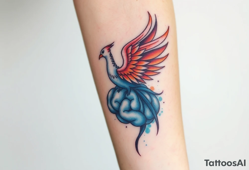 A phoenix rising out of a brain looking powerful tattoo idea
