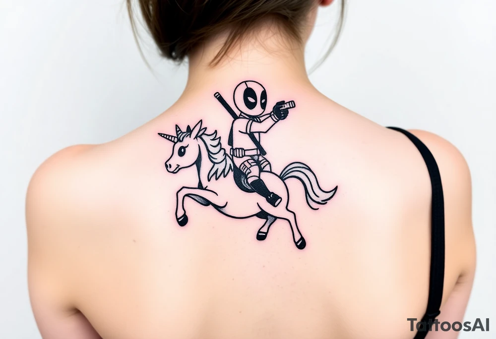 Deadpool riding unicorn pointing rocket propelled grenade launcher tattoo idea