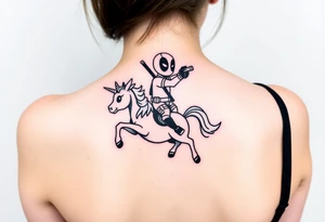 Deadpool riding unicorn pointing rocket propelled grenade launcher tattoo idea