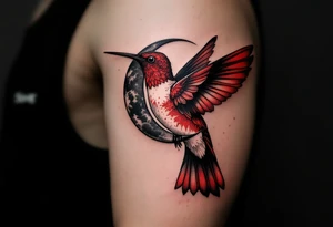 A hummingbird with one wing made of light (sun disc) and the other made of shadow (crescent moon) (red and black only) tattoo idea