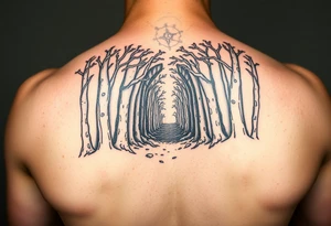 A forest with a doorway that is slightly ajar, leading to space tattoo idea
