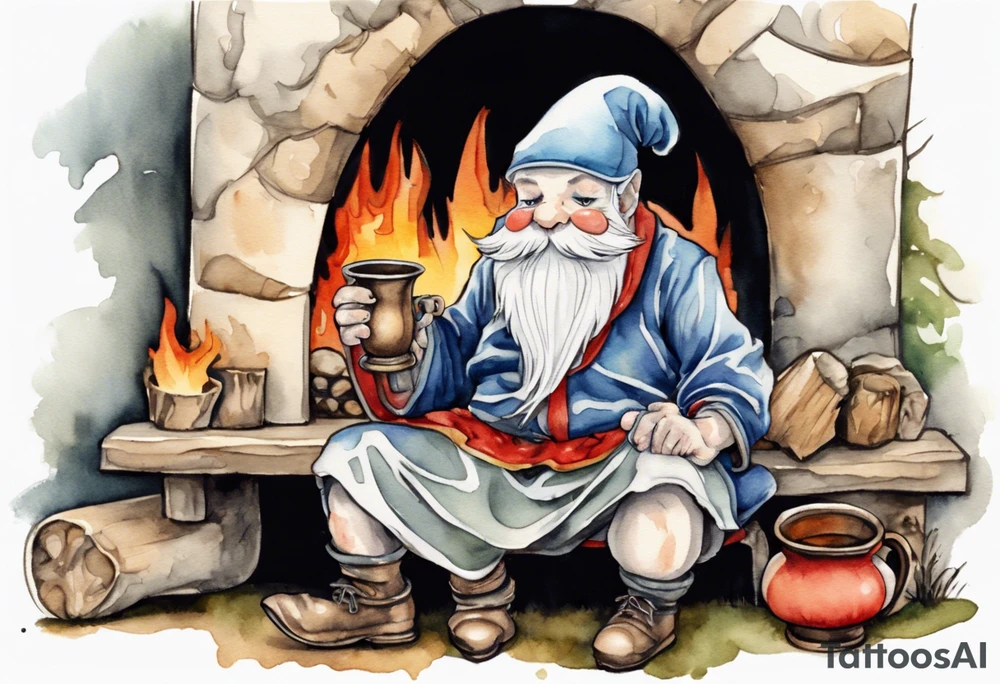a mushroom gnome
wearing a medieval tunic sitting on a bench by a fireplace drinking from a wood cup, happy tattoo idea