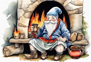a mushroom gnome
wearing a medieval tunic sitting on a bench by a fireplace drinking from a wood cup, happy tattoo idea