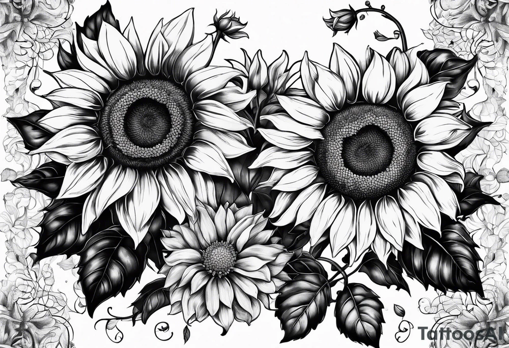 2 sunflowers with forget me nots intertwined tattoo idea