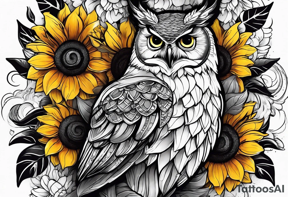 Arm sleeve with colorful sunflowers and an owl tattoo idea