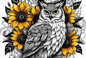 Arm sleeve with colorful sunflowers and an owl tattoo idea