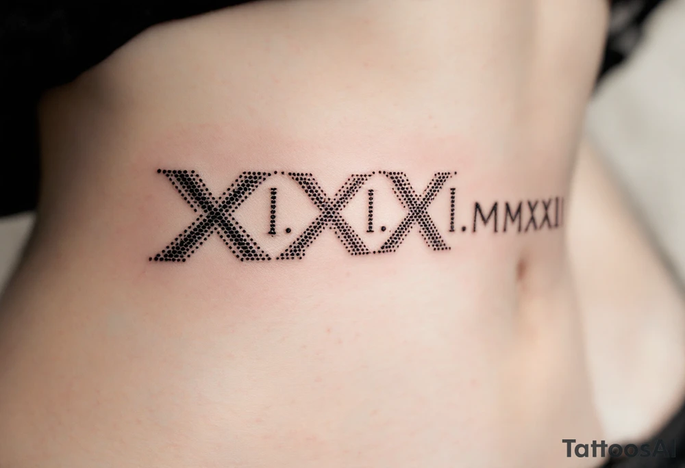 Elegant XXI.XI.MMXII in dark gray ink across the ribs, styled with subtle shadowing for a stone-carved effect. tattoo idea