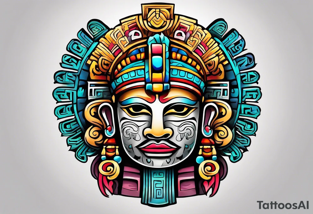 Colorful Mayan god hieroglyph tattoo idea