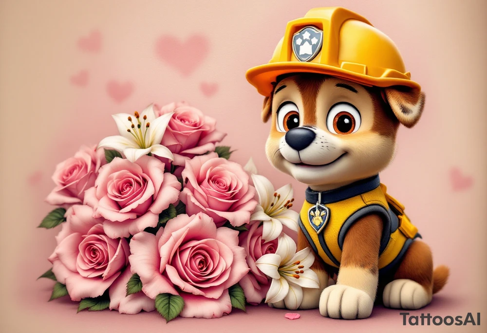 Rubble from Paw Patrol with a construction helmet, standing next to a pile of pink roses and white lilies, symbolizing building a strong foundation in love. The flowers have soft shades of pink and white with golden highlights. tattoo idea