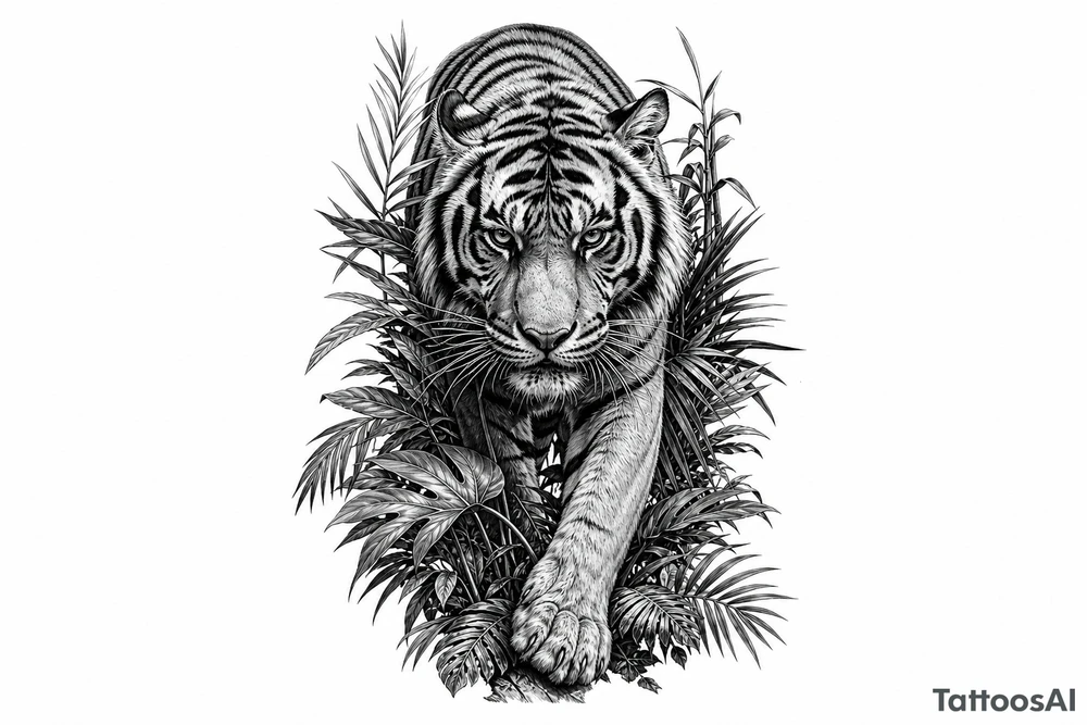 Tiger emerging from dense jungle foliage, low angle shot, hyperrealism. tattoo idea