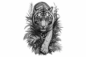 Tiger emerging from dense jungle foliage, low angle shot, hyperrealism. tattoo idea