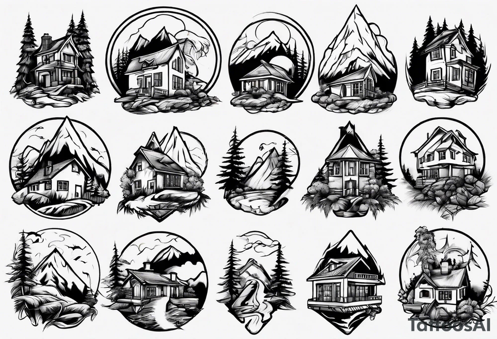 house on mountain tattoo idea