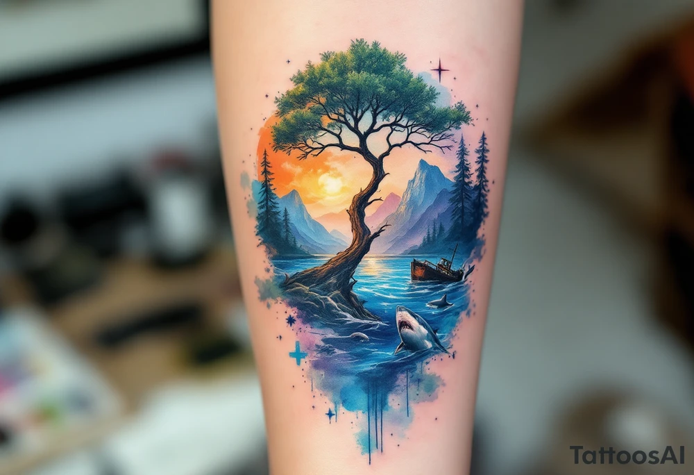 tattoo that has an acacia tree with forest mountains, ocean with a ship wreck with sharks and the bright northern star tattoo idea