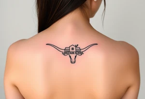 Texas Longhorn School with tree growing out of it with flowers blooming tattoo idea