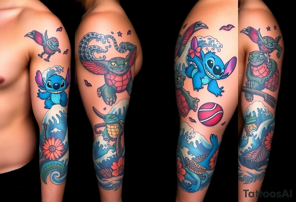a half sleeve, right side on upper arm, incorporate waves, while adding disney characters lilo and stitch, as well as characters and items from moana, including moana, maui, heihei, pua, heart of tefiti. Making it kind of hawaiian themed, adding some turtles tattoo idea