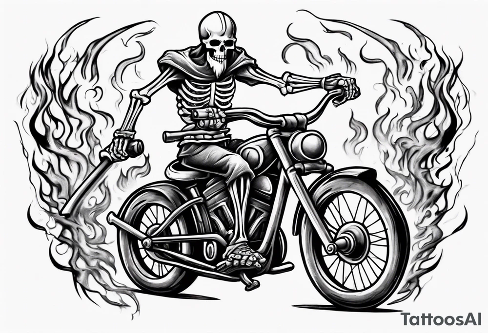 Skeleton riding a bike with flames and a viking head in the background tattoo idea