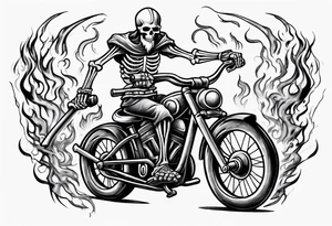 Skeleton riding a bike with flames and a viking head in the background tattoo idea