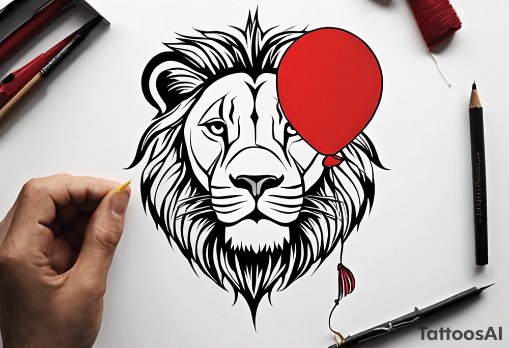 tattoo design should be in the layout of the famouse picture"small princ"  where it should remind me that I survived,and my life was saved by my husband, and he should be represented in the tattoo as a young lion holding a balloon held in the muzzle.
The baloon which is red and in Hearth shape. The whole body of lion should be visible and more abstract not so realistic.The lion is holding the string of the baloon in the muzzle. The string from the balloon should have a heartbeat pulse.The baloon should be red colored, and the rest of the image should be black only. tattoo idea