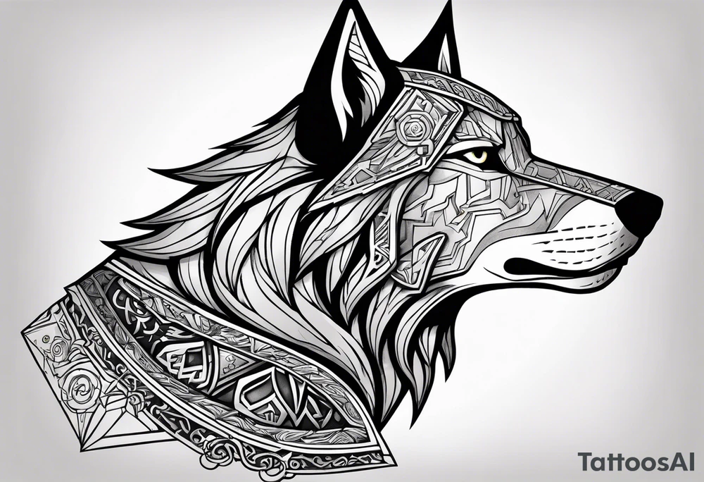 Legend of zelda link wolf in side profile muzzle facing th ebottom 
, in the center of his forhead is a diamond shape with a dot in the middle done in the style of black line work.  His mouth should be open snarling tattoo idea