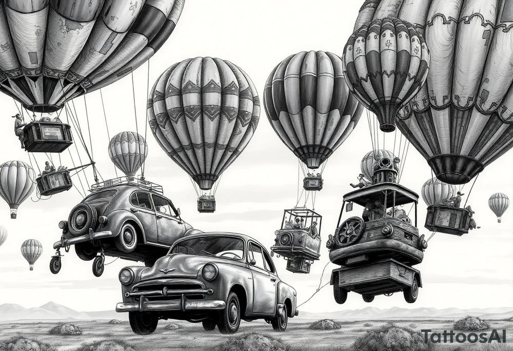 in a very steam punk vibe i want you to make a picture of a bunch of old beat up cars with people lounging in them and garbage and junk all up in and on them, tied to hot air balloons floating in the sky right about dusk and they are as far as the eye can see i want the cars to be floating as if they were the basket to the hot air balloons and the hot air balloons are all different colors and patterns and some are old and patched and i dont want to see the ground at all  i want this to be a scene that is up in the sky with them all floating under the balloons tattoo idea