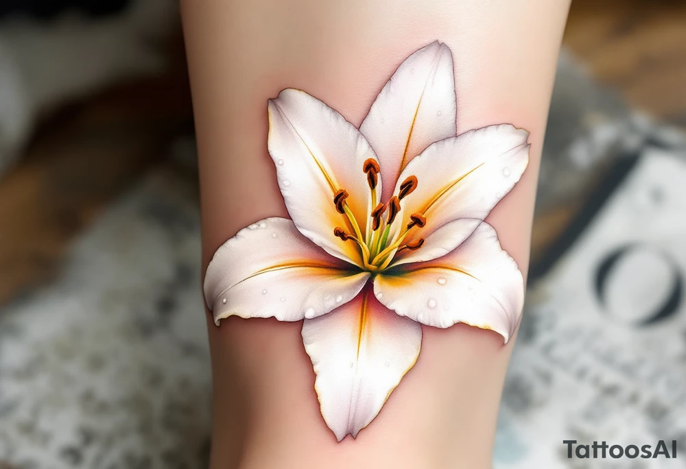 A beautifully detailed white lily with soft golden accents, its petals gracefully curving outward, revealing subtle hints of blush pink near the center. Tiny dew droplets rest on the petals, reflecting light for a realistic effect. tattoo idea