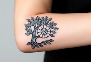 Fibonacci spiral shell on side of base of tree full of lots of leaves tattoo idea