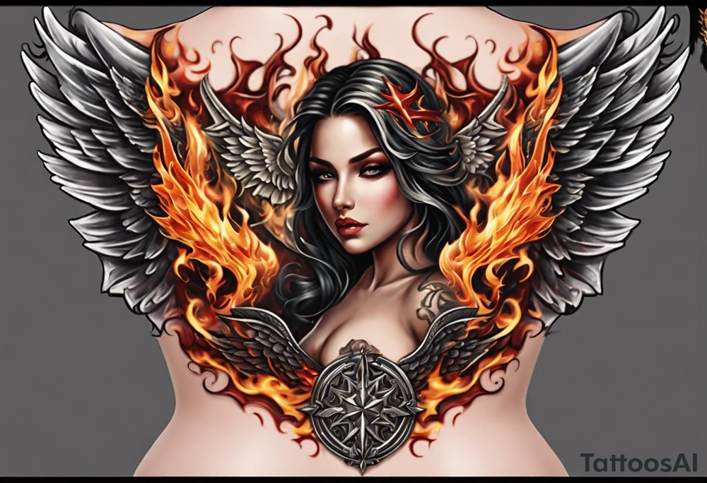 Chest tattoo design split down the middle with a beautiful girl as the centre piece. Angel/heaven side on the left with a staircase going up. Devil/hell side on the right with a staircase going down. Clouds on the angel side. Flames on the hell side. One angel wing & one devil wing as background features. tattoo idea
