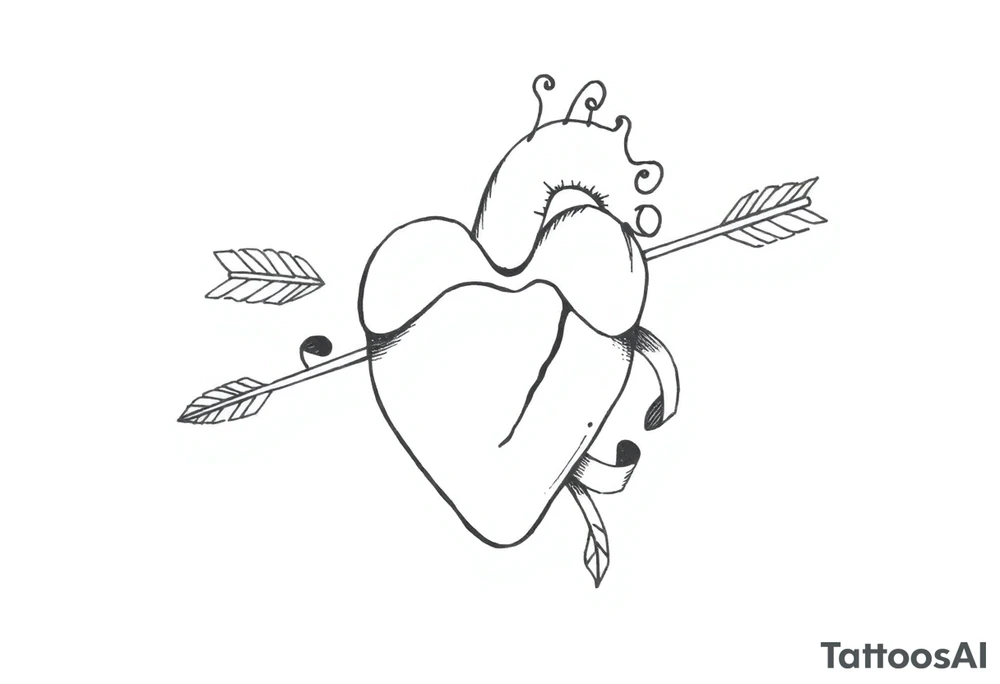 anatomical heart pierced by ornate arrow with flowing ribbons tattoo idea