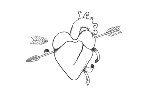anatomical heart pierced by ornate arrow with flowing ribbons tattoo idea