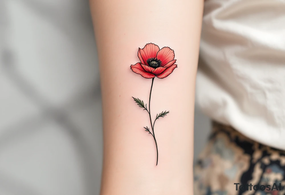 A single poppy flower with delicate, fine linework, featuring a vibrant red bloom with soft black shading at the center. The petals are light and flowing, giving the flower a gentle, airy appearance. A subtle green stem and a few slender leaves add a touch of natural elegance, while the overall design is minimalist, focusing on the beauty of the poppy in its simplest form. tattoo idea