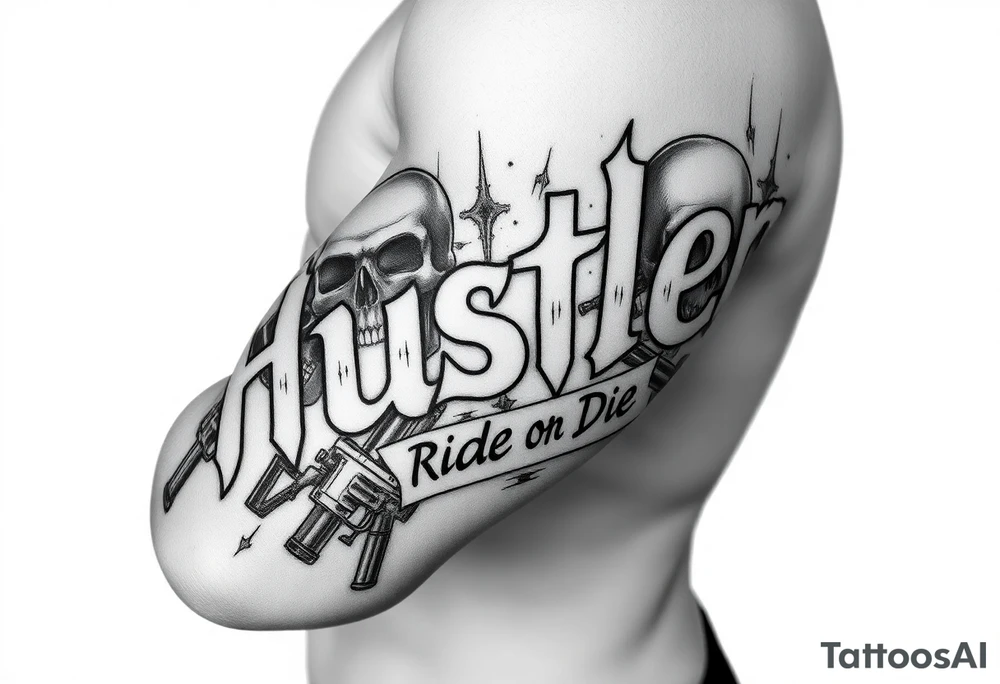 The word "hustler" with dead skulls Hispanic cholas drugs and guns with abstract shades and the name Candice in it with the phrase ride or die filling up a part tattoo idea