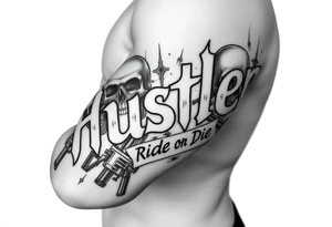 The word "hustler" with dead skulls Hispanic cholas drugs and guns with abstract shades and the name Candice in it with the phrase ride or die filling up a part tattoo idea