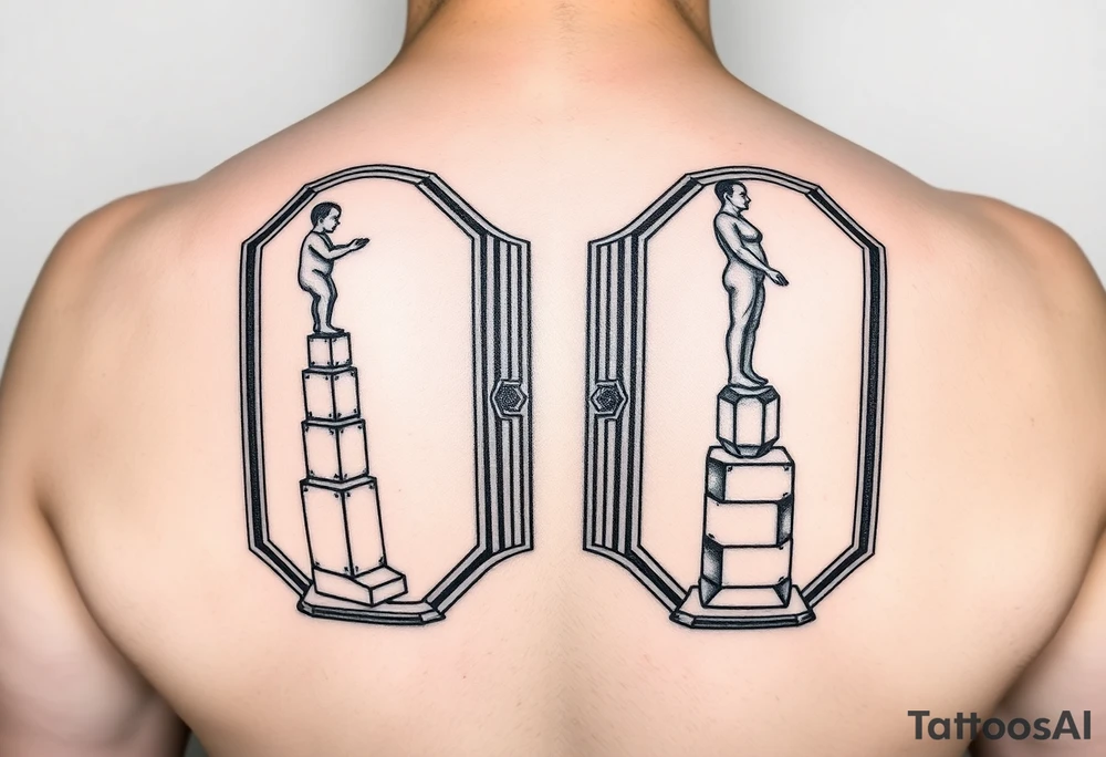 Two-sided standing mirror design, one side shows child figure building/stacking geometric blocks upward, other side shows adult figure standing on those same geometric foundations, connected by shared base, Art Deco frame, symbolizing building upon younger self not abandoning, black and grey geometric tattoo tattoo idea