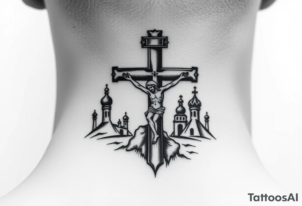 Traditional orthodox ICXC Christian cross with the small horizontal bar at the top with a plaque titulus, the central longest horizontal bar with Jesus Christ on the cross also with the slanted part of the cross where christs feet were nailed in a Russian wilderness Kremlin setting tattoo idea