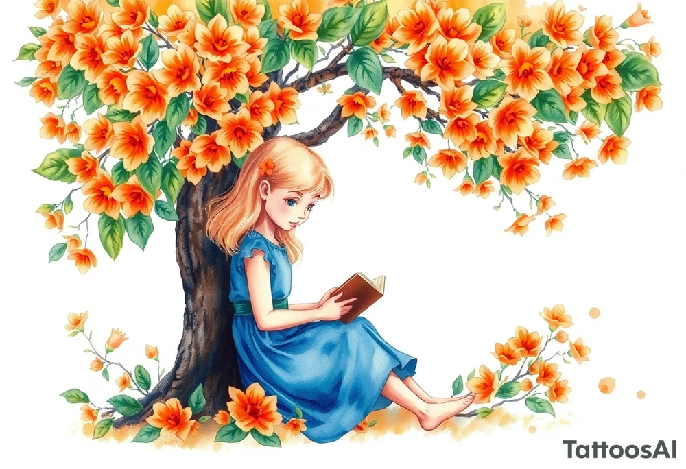 An orange tree full of flowers, a little blond girl wearing a blue dress sitting under it while reading. 


. tattoo idea