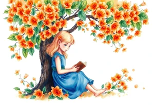 An orange tree full of flowers, a little blond girl wearing a blue dress sitting under it while reading. 


. tattoo idea