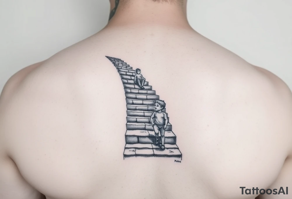 tattoo of a stairway to heaven with a little boy about to take the first step tattoo idea