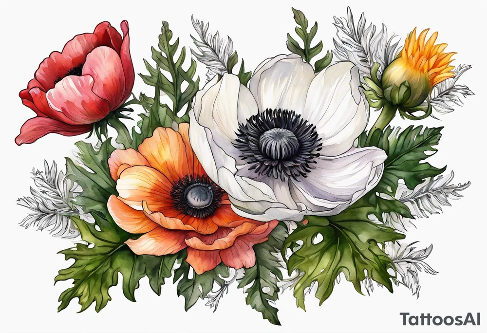 a white anemone with black center with thistles, ferns, sun flowers, red flowers, pink flowers, orange flowers, yellow flowers in watercolor tattoo idea