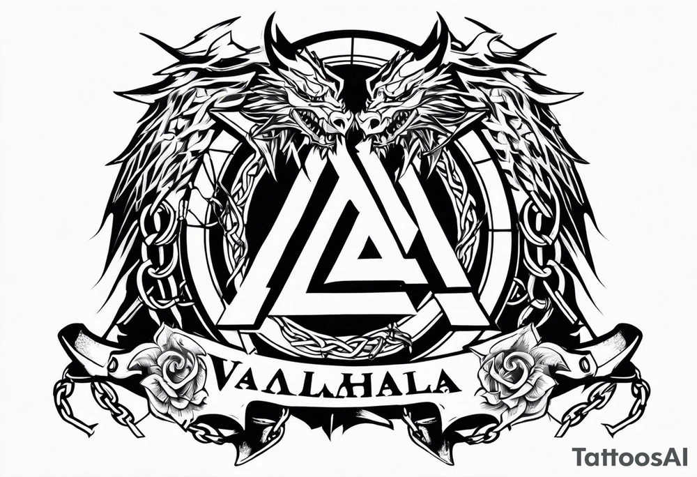 Valhalla sword shield axe barbed wire chains valknut fire dragon tattoo idea Valhalla sword shield axe barbed wire chains valknut fire dragon tattoo idea