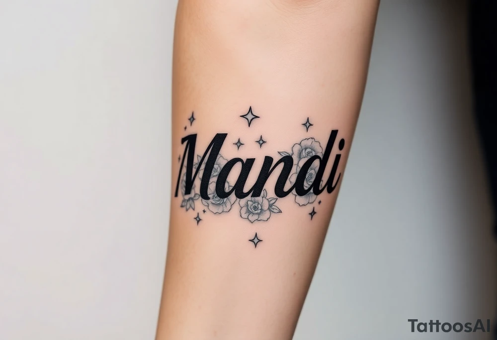 Name Mandi with blue eyes roses and stars tattoo idea