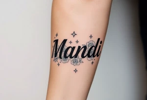 Name Mandi with blue eyes roses and stars tattoo idea
