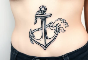 weathered anchor wrapped in nautical rope with sea waves tattoo idea