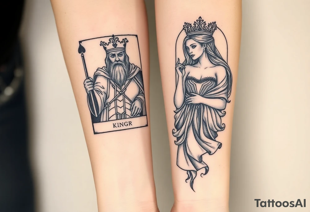 King's card as an old warrior and queen's card as a beautiful woman, more realistic tattoo idea